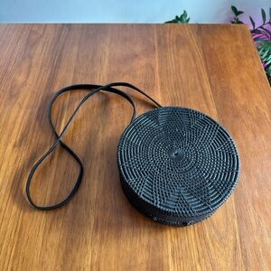 Round Black Woven Crossbody Bag